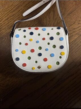 Tory Burch White Leather Polka Dot Saddle Bag with Multicolor Dots